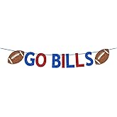 Go Bills Banner, Football Game Day Decorations, Bills Football Party Decorations Blue Red Glitter