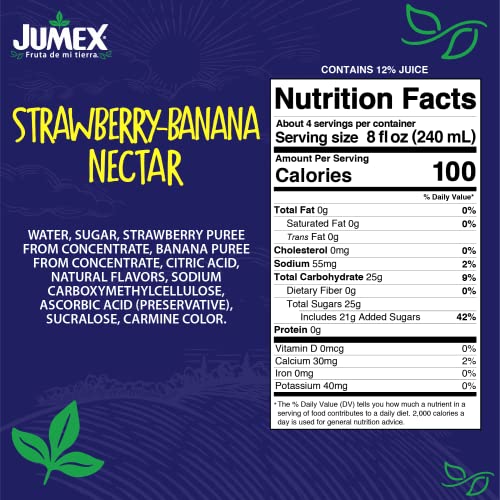 JUMEX STRAWBERRY BANANA NECTAR JUICE – MADE WITH FRESH FRUIT PUREE – TROPICAL FRUIT JUICE CONCENTRATE FOR SMOOTHIE MIX, COCKTAIL MIXERS, KIDS DRINKS & MEXICAN BEVERAGES – 32.4OZ, 1 PACK CARTON