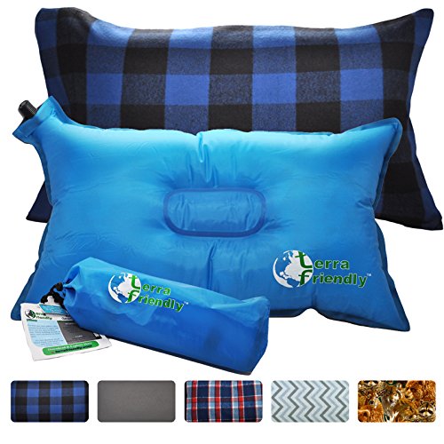 Self Inflating Travel Pillow with Premium Camping Pillow Case, Handcrafted in USA, Compressible for Backpacking, Boating, Festivals, Airplane or Auto. By Terra Friendly (Blue Buffalo Plaid)