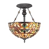 Quoizel TF878SVB Kami Small Semi Flush Mount 2-Light Tiffany Lamp with 348 Pieces of Tiffany Glass, Vintage Bronze