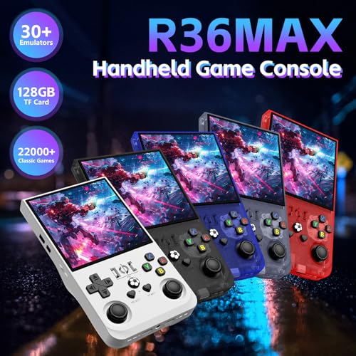 R36MAX Retro Handheld Game Console, Retro Game Console with 4.0 Inch IPS HD Screen, Open Source Linux System and 4000mAh Battery (Blue 128GB)