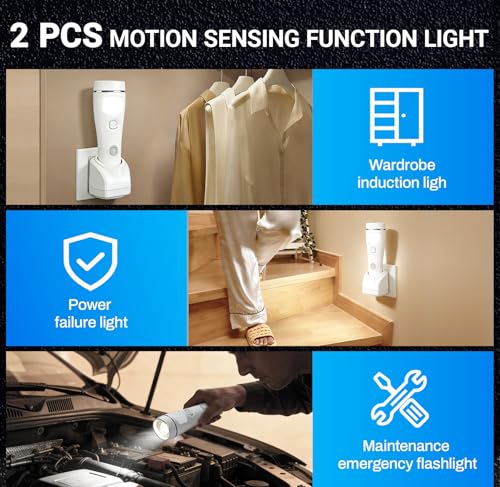 Rechargeable LED Flashlights 4-in-1 Socket Set of 2 LED Emergency Lights for Home Blackout Emergency Light Socket Light with Motion Sensor