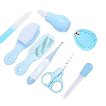 Baby-Maniküre-Pflegeset mit Baby Nagelschere Thermometer Nasensauger Tragbares Pflegeset für Zuhause und Reisen (Blau)