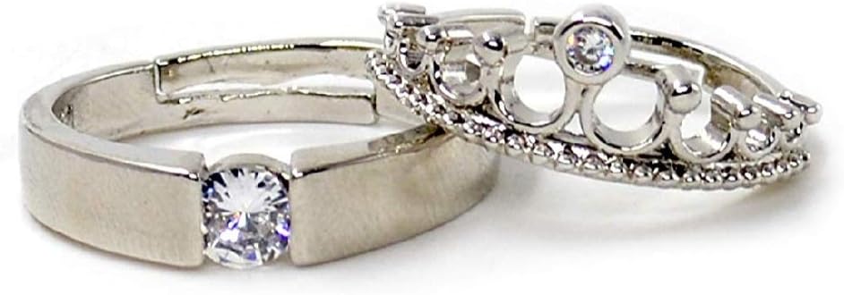 silver and rhodium plated metal cubic zirconia adjustable king crown queen couple finger ring set for men and women
