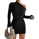 GOBLES Women's Sexy Off The Shoulder Slope Neck Long Sleeve Ruched Bodycon Mini Club Dress