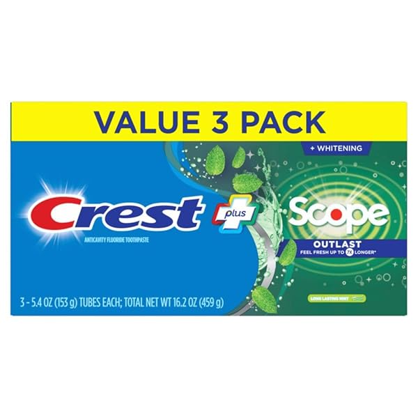 CREST COMPLETE WHITENING + SCOPE, LONG LASTING MINT TOOTHPASTE, TRIPLE PACK (3 COUNT OF 5.4 OZ TUBES), 16.2 OZ