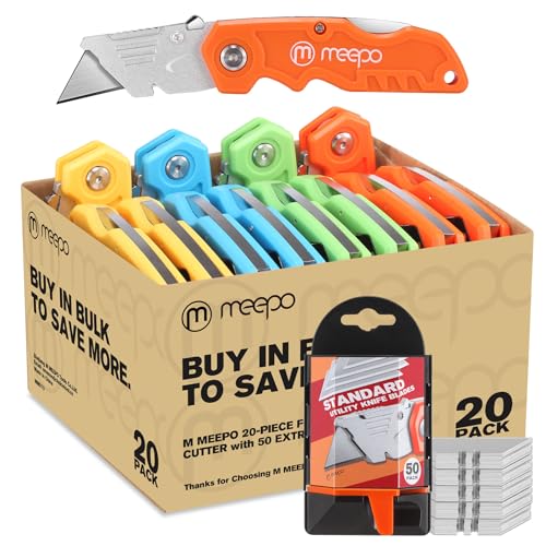 M MEEPO 20-Pack Box Cutter, Bulk Folding Utility Knife w/ 50 pcs