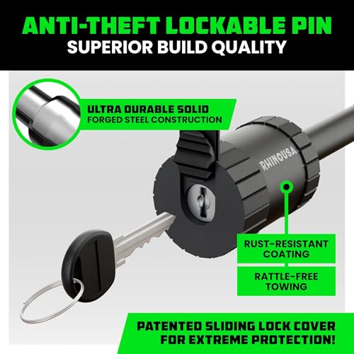 Rhino USA 2” Trailer Hitch Pin – Patented 5/8" Locking Receiver Pin for Class III/IV Hitches – Weatherproof, Anti-Theft, Debris-Protected – Tow Truck Ready – Black 1PK