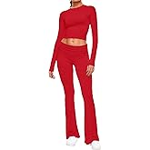 AnotherChill Women's 2 Piece Lounge Sets Fold-over Flare Pants Set Long Sleeve Cropped Top Casual Outfits Pajamas