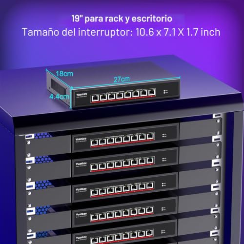 YuanLey 10G Ethernet Switch 8 Port RJ45, Supports 10G/5G/2.5G/1G/100M Automatic Speed Negotiation, 160G Switching Capability, Rackmountable Unmanaged Switch, Plug and Play