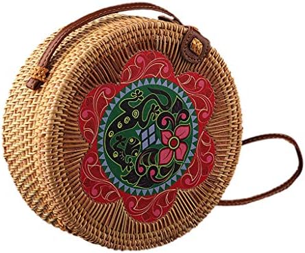Bibao Women Handmade Circle Handwoven Round Rattan Bag, Crossbody Bag Boho Knit Wicker Basket Beach Bag (A)