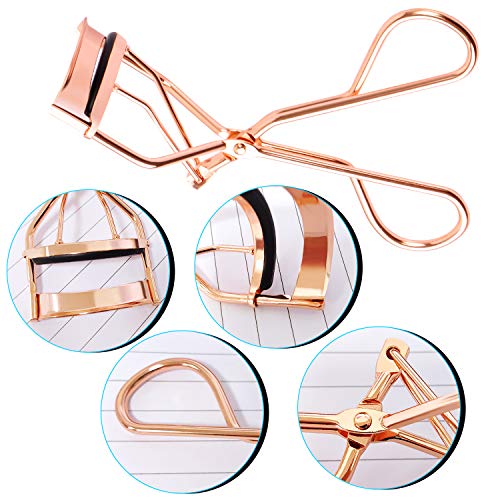 Eyelash Makeup Tools Set, Include 4 Pieces Eyelash Curler, Mini Eyelash Curler, False Eyelashes Extension Tweezers and 40 Pieces Black Silicone Refill Pads with Clear OPP, Rose Gold