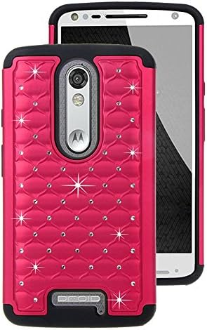 Moto X Force Droid Turbo 2 Case Coolzu(TM) Studded Rhinestone Crystal Bling Hybrid Armor Cases Cover for Moto Droid Turbo 2 (Hot Pink)