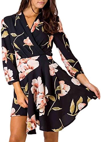 Women's Floral Print Mini Dress - Long Sleeves Sexy Deep V-neck Tunic Top Casual Party Dress with Belt