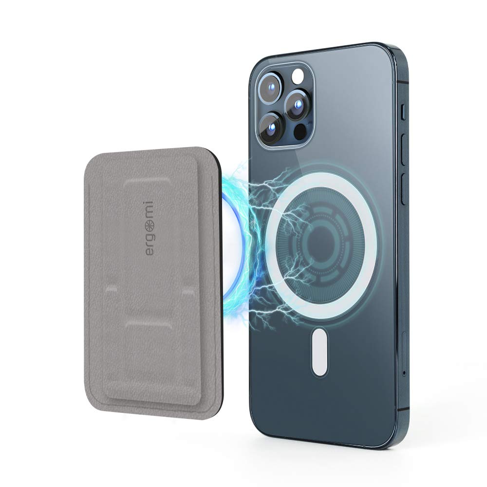 ergomi Hercules Magnetic Phone Wallet, Phone Stand, Ergonomic Phone Dock, Cradle for Office Desk, Compatible with iPhone 12 mini/12/12 Pro/12 Pro Max and 13 mini/13/13 Pro/13 Pro Max, Leather Gray