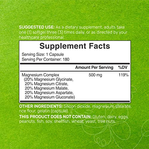 Magnesium Complex Supplement 500mg, 180 Capsules, 5 in 1 Formula