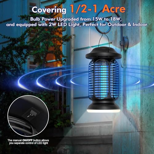 Bug Zapper Outdoor Indoor, Electric Mosquito Zapper Waterproof with LED Light, 18W Power & 4000V High-Voltage, Coverage Area of ​​1/2-1 Acre, 5.5ft Cord, Plug-in Fly Trap for Patio Backyard Garden