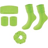 80s & 90s Retro Neon Accessories Set – Sweatbands Headband & Wristbands, Neon Scrunchie, Slouch Socks – Father