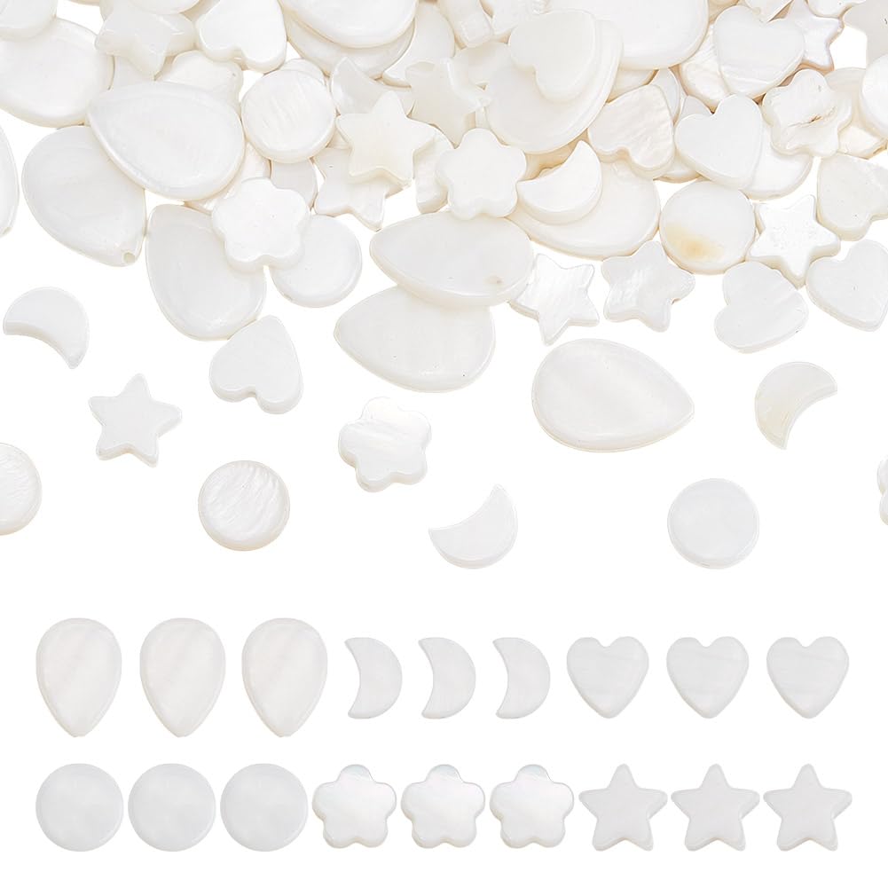 arricraft 120 Pcs Natural Mother of Pearl Beads, 6 Styles Shell Beads Star Round Moon Heart Teardrop Shape Flower Beads Milk White Color Beads for Jewelry Necklace Bracelet Earrings Making