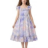 WELAKEN Girls Sleeveless Elastic Straps Summer Dress - Ruffle Hem Flowy Sundress