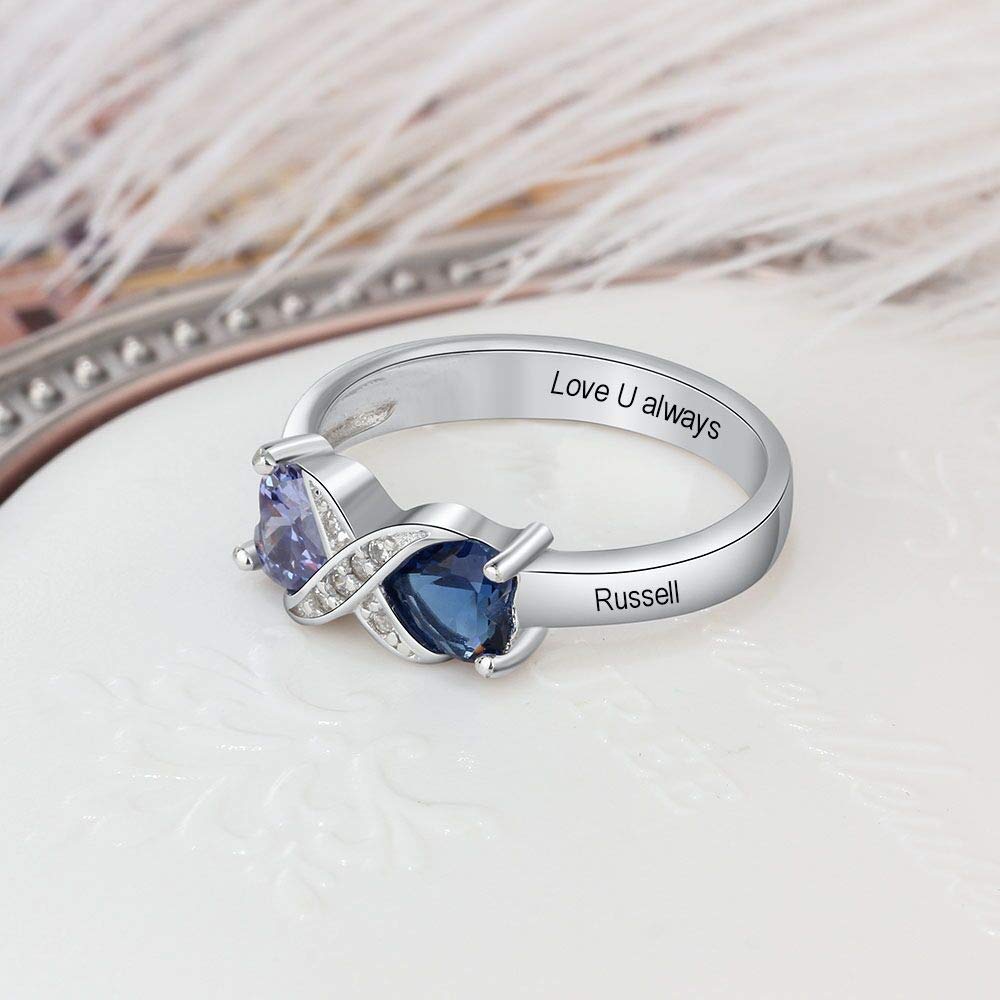 Tian Zhi Jiao Customized 2 Heart Simulated Birthstone Mothers Ring Engraved 2 Names Personalized Promise Ring for Women (8)