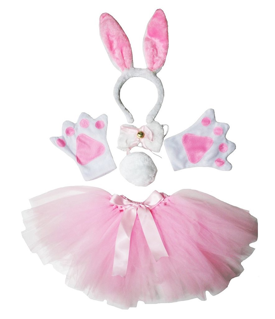 Petitebelle Headband Bowtie Tail Gloves Tutu 5pc Girl Costume 1-10y (Bunny(Pink/White), 1-5 Years)