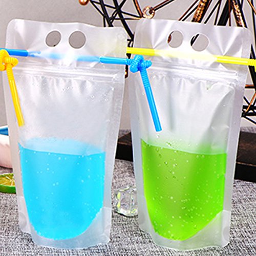 CIEHER 50 Pack Drink Pouches with Straws Plastic Handheld Translucent Drink Container Zipper Drink Bags Reclosable Stand-up Drink Bags Drinkware 5.2" x 9.1" - Thumbnail 3