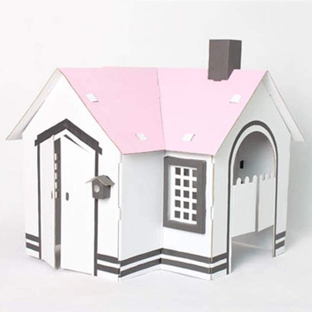 Yxp Small White Cardboard House Can Assembled Cardboard Playhouse Handmade DIY Educational Toys Children's Board Cottage Gift His,Pink