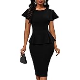 Memoriesea Women's Basic Ruffle Short Sleeve Peplum Bodycon Work Midi Pencil Dress
