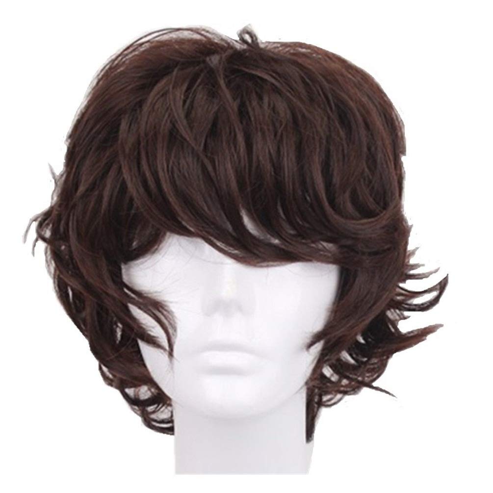 12.9" Dark Brown Short Curly Boys Wigs with Bang One Free Wig Cap for Women Men
