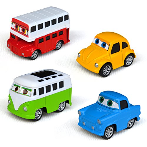 Tianmei Children's Pull Back Mini Cartoon Classic Beetle Car and Bus Car Styling Alloy Diecast Vehicle Models Collection Set Kids Toys for Boys and Girls (includes 4 cars - Bus)