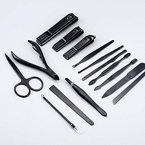 15pcs/Set Black Stainless Steel Nail Clipper Cutter Trimmer Scissor Tweezer Knife Ear Pick Grooming Kit Manicure Set Pedicure Toe Nail Art Tools Set Kits with Travel Case
