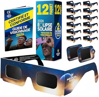 Lunettes Eclipse Solaire 2026 – Lot de 12 Paires Premium avec 2 Filtres Solaires pour Smartphone, Lunettes Eclipse Solaire ISO 12312-2, Certifiées CE, Protection des Yeux pour l'Observation du Soleil