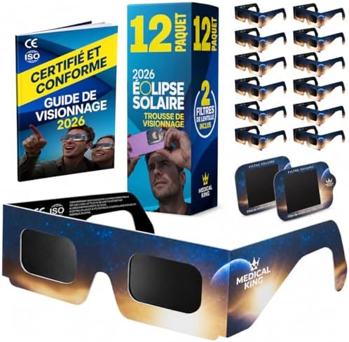 Lunettes Eclipse Solaire 2026 – Lot de 12 Paires Premium avec 2 Filtres Solaires pour Smartphone, Lunettes Eclipse Solaire ISO 12312-2, Certifiées CE, Protection des Yeux pour l'Observation du Soleil