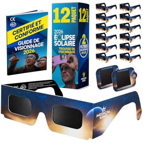 Lunettes Eclipse Solaire 2026 – Lot de 12 Paires Premium avec 2 Filtres Solaires pour Smartphone, Lunettes Eclipse Solaire ISO 12312-2, Certifiées CE, Protection des Yeux pour l'Observation du Soleil