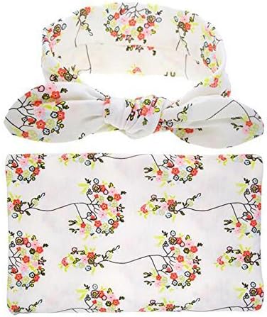 FushoP Baby Turban Headband Swaddle Blanket, Lovely Newborn Headband Baby Headband Set Baby Swaddle Receiving Headband and Swaddle Set (White)