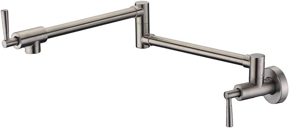 Heouty Pot Filler Wall Mount Kitchen Faucet,Solid Brass Folding Stretchable Double Joint Swing Arm Wall Mount Kitchen Faucet,Brushed Nickel Single Hole Two Handles Kitchen Sink Faucet