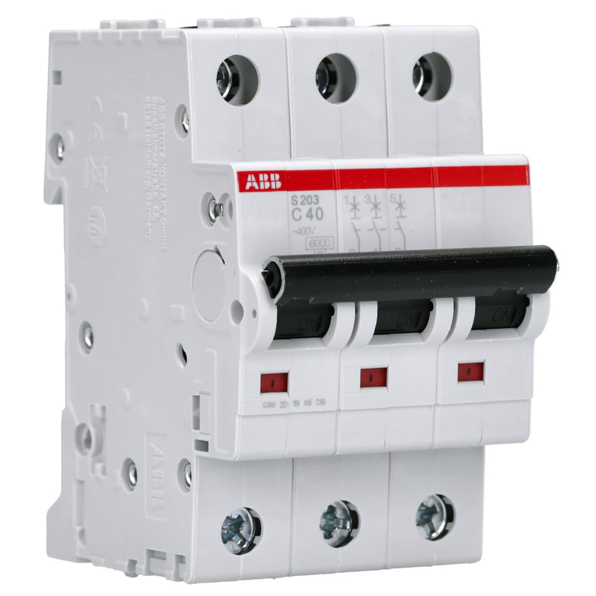 ABB S203-C40 Miniature Circuit Breaker, 3 Pole, Type C, 6/10kA Breaking Capacity, 40 Amp Current (2CDS253001R0404)
