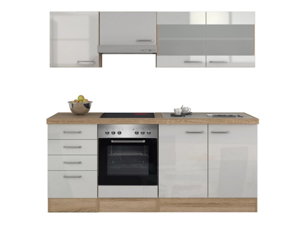 Küchenzeile 210 cm Hochglanz Weiß mit Glashänge- und Schubkastenschrank