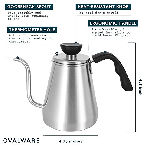 Pour Over Coffee and Tea Drip Kettle 1L Ovalware RJ3 Stainless Steel