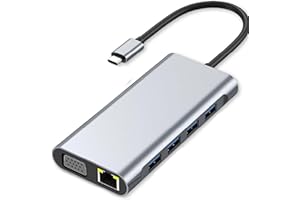 USB C Adapter 11 in 1 Dongle with 4K HDMI, VGA, Type C PD, USB3.0, RJ45 Ethernet, SD/TF Card Reader, 3.5mm AUX, Docking Stati