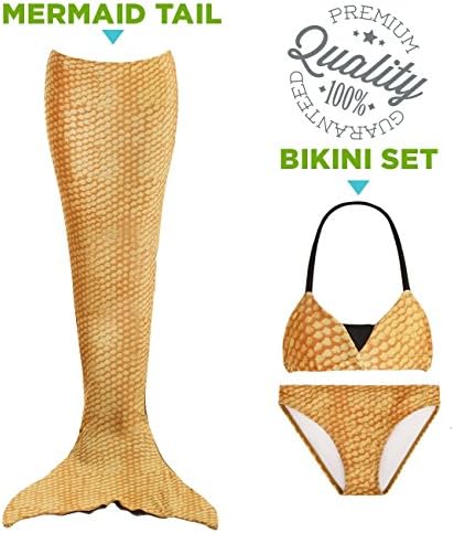 Tendol 3 Pc Swimming Mermaid Tail, Monofin Compatible, For Children, (Mono-fin not included) (Gold, Medium)
