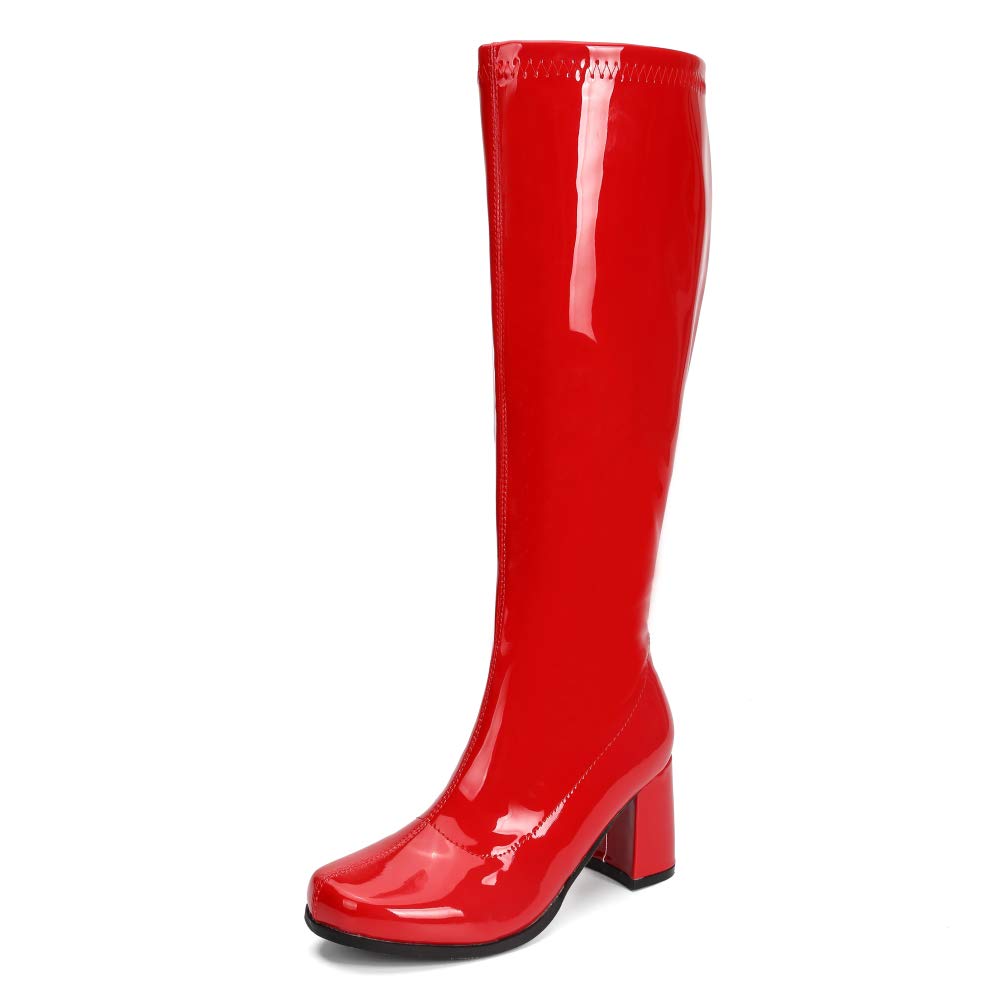 Photo 1 of (see all images) LIURUIJIA Women's Knee High Gogo Boots Sqaure Toe Chunky Block Heel Santa Disco Costume Zipper Fall Tall Boots Red 41(255/US9.5)