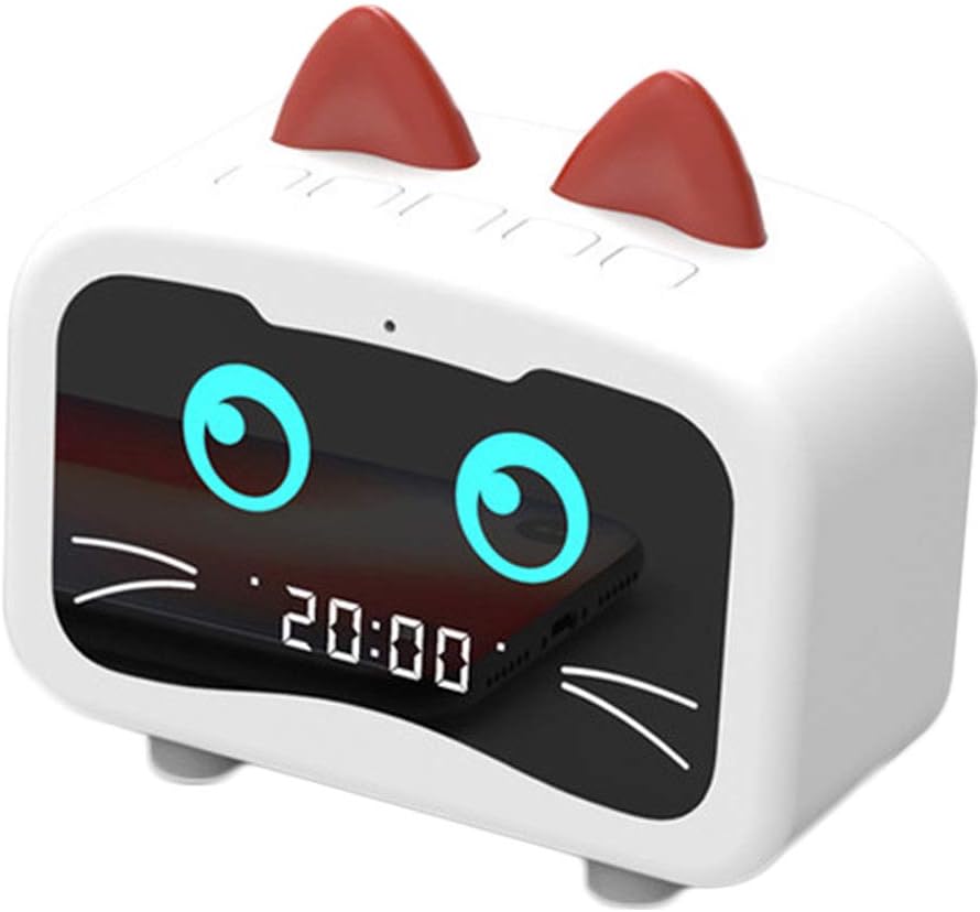 Alarm Clock Radio with Bluetooth 5.0 Cat Ears Speaker, Digital FM Radio, Handsfree HD Call, Rich Bass, USB Charging Port for Heavy Sleepers Home Bedroom Kitchen Office Kids (White cat)