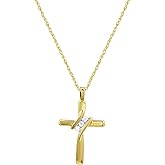 GILDED Small 10 Karat Yellow Gold Natural Round-Cut Diamond Accent 3 Stone Cross Pendant with an 18 Inch Chain