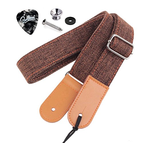 Rinastore Ukulele Strap Country Style Soft Cotton Linen & Genuine Leather Shoulder Strap for Ukulele Banjo Mandolin (Coffee-US-12)