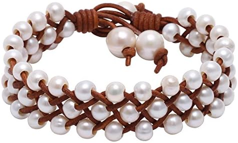 Women's Cultured Freshwater Pearl Leather Braided Bracelet 3 Row Handwoven Jewelry-Light Brown