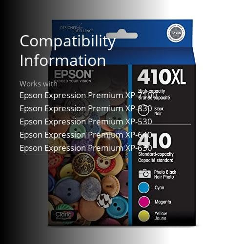 EPSON 410 Claria Premium Ink High Capacity Black & Standard Color Cartridge Combo Pack (T410XL-BCS) Works with Expression Premium XP-530, XP-630, XP-640, XP-7100, XP-830