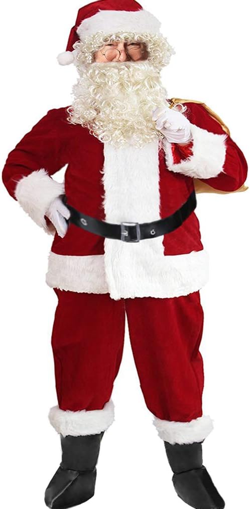 Dolloly Christmas Santa Suit Adults Men Santa Claus Suit Deluxe Velvet Santa Costume 6Pcs
