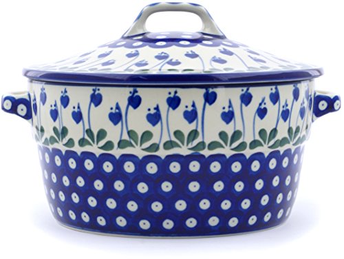 Click Here to See More Images Polish Pottery 8-inch Baker with Cover with Handles made by Ceramika Artystyczna (Bleeding Heart Peacock Theme) + Certificate of Authenticity